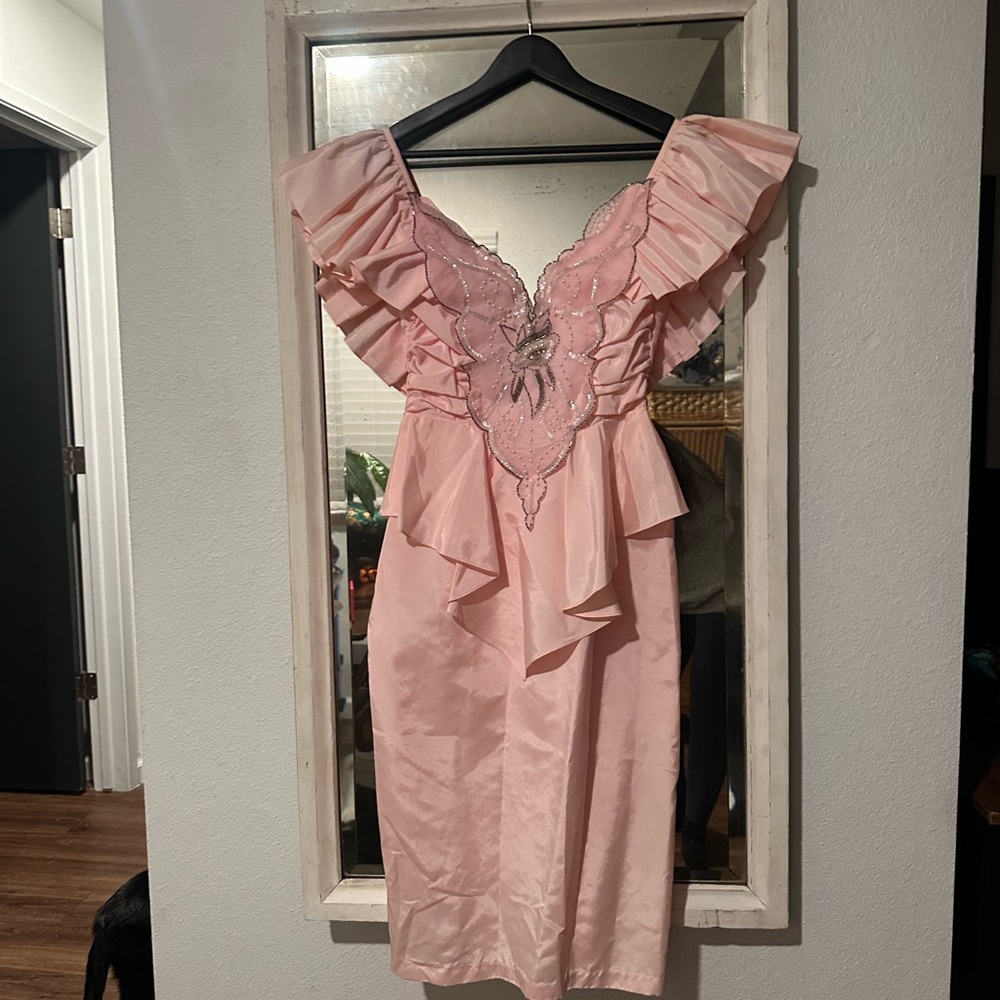 80s Vintage JC Penneys Elegant Pink Ruffled with Sequin Detail Dress